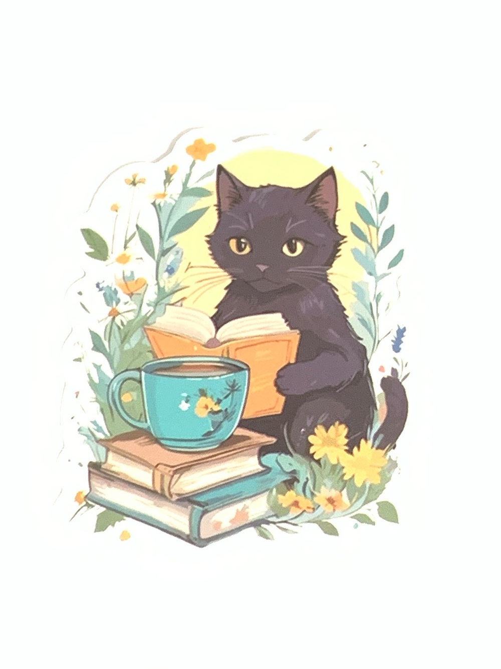 Black Cat Vinyl Sticker - Cute Cat with Books and Teacup